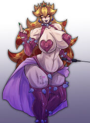 Rule 34 | 1girl, artist request, blonde hair, breasts, collar, curvy, elbow gloves, covered erect nipples, fangs, fingerless gloves, gloves, highres, horns, huge breasts, long hair, looking at viewer, mario (series), nail polish, open mouth, pasties, pointy ears, princess bitch, princess peach, solo, super mario bros. 1, thick thighs, thighs, wide hips, yellow eyes
