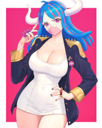 Rule 34 | 1girl, absurdres, black nails, blue hair, blue jacket, breasts, commentary, cowboy shot, dress, hand up, highres, horns, jacket, large breasts, long hair, long sleeves, looking at viewer, multicolored hair, nail polish, one piece, open clothes, open jacket, pencil dress, pink eyes, pink hair, short dress, solo, standing, streaked hair, thighs, truejekart, ulti (one piece), white dress