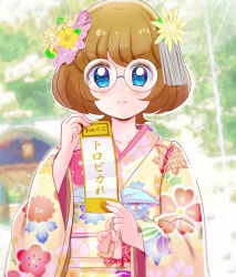 Rule 34 | 1girl, blue eyes, blurry, blurry background, bob cut, brown hair, closed mouth, commentary, day, depth of field, floral print, flower, frown, furisode, glasses, hair flower, hair ornament, hatsumoude, holding, holding paper, ichinose minori, japanese clothes, kimono, long sleeves, looking at viewer, mitumi mira, new year, omikuji, outdoors, paper, precure, print kimono, round eyewear, short hair, solo, translated, tropical-rouge! precure, upper body, yellow kimono