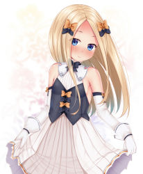 Rule 34 | 1girl, abigail williams (fate), bare shoulders, black bow, blonde hair, blue eyes, blush, bow, breasts, closed mouth, detached sleeves, fate/grand order, fate (series), forehead, gloves, hair bow, long hair, long sleeves, nose blush, orange bow, parted bangs, pleated skirt, polka dot, polka dot bow, puririn, shirt, skirt, skirt hold, sleeveless, sleeveless shirt, small breasts, smile, solo, very long hair, white gloves, white shirt, white skirt