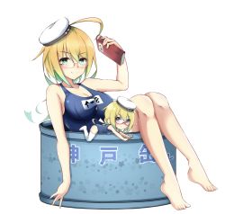 Rule 34 | 2girls, bare legs, blonde hair, blue eyes, book, breasts, can, artistic error, glasses, hair between eyes, hat, highres, honma (honmatomohiro), i-8 (kancolle), kantai collection, large breasts, looking at viewer, low twintails, mini person, minigirl, multiple girls, name tag, one-piece swimsuit, peaked cap, red-framed eyewear, sailor hat, school swimsuit, semi-rimless eyewear, swimsuit, swimsuit under clothes, tri tails, twintails, under-rim eyewear, wading pool, wrong foot