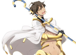 Rule 34 | 1boy, abs, ahoge, ankh, black gloves, brown hair, cape, chimakiaya, earrings, fate/grand order, fate (series), gloves, hip bones, jewelry, male focus, navel, open mouth, ozymandias (fate), short hair, simple background, single earring, solo, staff, tan, white background, white cape, yellow eyes