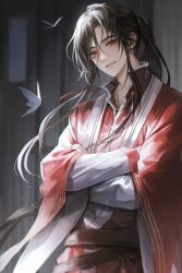 Rule 34 | 1boy, absurdres, bishounen, black hair, bug, butterfly, chinese clothes, highres, hua cheng, insect, long hair, long sleeves, male focus, orange eyes, red hanfu, red robe, robe, tianguan cifu, very long hair, white butterfly, wide sleeves, young57440489