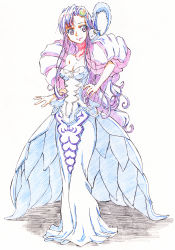 Rule 34 | 1girl, aged up, alternate costume, bad id, bad pixiv id, bare shoulders, breasts, cleavage, cosplay, creature, dress, forehead jewel, full body, gensei-225, long hair, medium breasts, meredy (tales), namco, puffy sleeves, purple eyes, purple hair, quickie (tales), shizel, smile, tales of (series), tales of eternia, traditional media, very long hair, white background