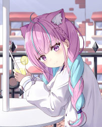 Rule 34 | 1girl, absurdres, ahoge, anchor symbol, animal ear fluff, animal ears, blue hair, blunt bangs, blush, braid, cat ears, closed mouth, cup, day, drink, drinking straw, food, from side, fruit, highres, holding, holding cup, hololive, kag tsukimi, lemon, lemon slice, lemonade, long hair, long sleeves, looking at viewer, looking to the side, minato aqua, minato aqua (sailor), multicolored hair, outdoors, purple eyes, purple hair, railing, shirt, smile, solo, streaked hair, table, twin braids, upper body, virtual youtuber, white shirt