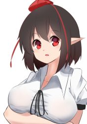 Rule 34 | 1girl, :o, bad id, bad pixiv id, black hair, blush, breast hold, breasts, brown hair, collared shirt, hat, highres, large breasts, looking at viewer, open mouth, pointy ears, red eyes, shameimaru aya, shirt, short hair, solo, tokin hat, touhou, upper body, white background, yusake san