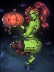 Rule 34 | 1girl, colored skin, green skin, high heels, lazgar (kitbashstudios), lingerie, lipstick mark, lipstick mark on ass, orc, pumpkin, red hair, tusks, underwear
