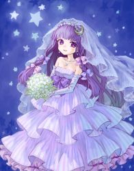 Rule 34 | 1girl, alternate costume, ama-tou, bare shoulders, blunt bangs, bouquet, bridal veil, bride, collar, crescent, crescent hair ornament, dress, elbow gloves, female focus, flower, frills, gloves, hair ornament, hair ribbon, jewelry, long hair, looking at viewer, necklace, patchouli knowledge, purple eyes, purple hair, ribbon, simple background, smile, solo, star (symbol), striped clothes, striped dress, touhou, veil, wedding dress