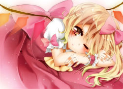 Rule 34 | 1girl, bad id, bad pixiv id, beni0012, blonde hair, blouse, embodiment of scarlet devil, female focus, flandre scarlet, gradient background, one eye closed, ponytail, red eyes, red wrist cuffs, shirt, side ponytail, solo, touhou, white shirt, wings, wink, wrist cuffs