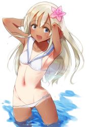 Rule 34 | 1girl, :d, armpits, arms behind head, bad id, bad twitter id, bikini, blonde hair, blue eyes, blush, breasts, collarbone, contrapposto, cosplay, cowboy shot, flower, gluteal fold, hair flower, hair ornament, inactive account, kantai collection, kuzu (miduhana), long hair, looking at viewer, navel, one-piece tan, open mouth, ro-500 (kancolle), sailor bikini, sailor collar, side-tie bikini bottom, small breasts, smile, solo, standing, swimsuit, tan, tanline, wading, water, white background, white bikini, z3 max schultz (kancolle), z3 max schultz (kancolle) (cosplay)