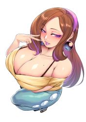 Rule 34 | 1girl, absurdres, bare shoulders, black bra, bra, breasts, brown hair, cleavage, collarbone, commentary, earrings, english commentary, from above, gofa, headband, highres, huge breasts, jewelry, leg lift, long hair, looking at viewer, mole, mole on breast, original, purple eyes, purple headband, simple background, solo, thighs, underwear, v, white background