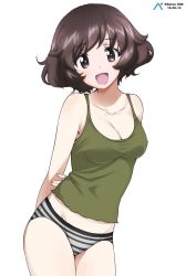 Rule 34 | 1girl, akiyama yukari, arms behind back, artist request, blush, breasts, brown eyes, brown hair, cleavage, collarbone, covered erect nipples, girls und panzer, groin, highres, looking at viewer, medium breasts, open mouth, panties, short hair, simple background, smile, solo, striped clothes, striped panties, tank top, underwear, white background