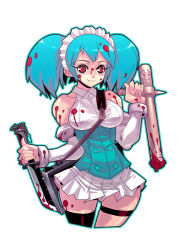 Rule 34 | 1girl, bare shoulders, blonde hair, blood, blue hair, detached sleeves, fang, fengmo, knife, original, red eyes, reverse grip, short twintails, simple background, skirt, solo, thighhighs, tonfa, twintails, weapon