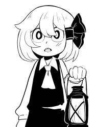 Rule 34 | 1girl, ascot, cowboy shot, facing viewer, hair ribbon, high contrast, highres, hikibee, holding, holding lantern, lantern, long sleeves, looking at viewer, monochrome, open mouth, ribbon, rumia, sharp teeth, shirt, simple background, skirt, solo, standing, straight-on, teeth, touhou, upper body, vest, white background