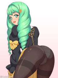 Rule 34 | 1girl, ass, back, black pantyhose, blush, cowboy shot, drill hair, embarrassed, fire emblem, fire emblem: three houses, flayn (fire emblem), from behind, garreg mach monastery uniform, gradient background, green eyes, green hair, hair ornament, huge ass, ibushi (oath), leaning forward, long hair, looking at viewer, looking back, nintendo, open mouth, panties, panties under pantyhose, pantyhose, pink background, simple background, solo, sweatdrop, twin drills, twitter username, underwear, wavy mouth