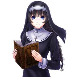 Rule 34 | 1girl, black hair, blue eyes, book, braid, cross, cross necklace, habit, holding, holding book, i-mixs, jewelry, long hair, long sleeves, looking at viewer, necklace, nun, open book, original, smile, solo, traditional nun, upper body