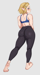 Rule 34 | 1girl, ass, back, blonde hair, blue eyes, blush, feet, from behind, hair ornament, hairclip, highres, huge ass, looking at viewer, looking back, pants, pointy ears, princess zelda, shadertoons, short hair, solo, sports bra, the legend of zelda, the legend of zelda: breath of the wild, the legend of zelda: tears of the kingdom, tight clothes, tight pants, toned, white background, yoga pants