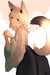 Rule 34 | 1girl, absurdres, ahoge, animal, animal ear fluff, animal ears, black hakama, blue eyes, blush, bracelet, braid, commentary request, cowboy shot, flower, fox ears, fox girl, fox tail, from side, grey kimono, hair flower, hair ornament, hakama, hakama skirt, hamster, highres, holding, holding animal, hololive, japanese clothes, jewelry, kimono, leaning forward, long sleeves, looking at viewer, looking to the side, medium hair, meng ge 3 (565571710), parted lips, red flower, shirakami fubuki, shirakami fubuki (new year), side braid, silver hair, skirt, smile, solo, tail, two-tone background, virtual youtuber, wide sleeves