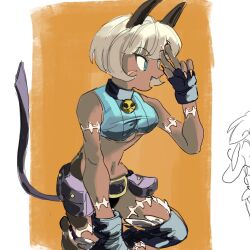 1girl belt_buckle belt_pouch blonde_hair blue_eyes bob_cut buckle cat_girl collar crop_top dark-skinned_female dark_skin detached_leggings fang fingerless_gloves fingernails gloves grey_hair highres kneehighs long_fingernails ms._fortune_(skullgirls) navel neck_bell open_mouth orange_background pouch scar short_hair skullgirls smile socks solo squatting