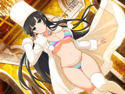 Rule 34 | 1girl, bikini, black hair, blue eyes, breasts, chandelier, cleavage, coat, hat, highres, ikaruga (senran kagura), indoors, jewelry, large breasts, long hair, looking at viewer, mansion, navel, necklace, official art, senran kagura, senran kagura new link, striped bikini, striped clothes, swimsuit, thighhighs, white hat