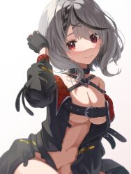 Rule 34 | 1girl, belt, belt buckle, black belt, black coat, black gloves, bottomless, braid, breasts, buckle, chest belt, cleavage, closed mouth, coat, collar, fingerless gloves, gloves, grey hair, groin, hair ornament, hand in own hair, hand up, highres, hololive, large breasts, long sleeves, looking at viewer, multicolored hair, narushi sasu, navel, no bra, no shirt, off shoulder, open clothes, red eyes, sakamata chloe, sakamata chloe (1st costume), short hair, simple background, single braid, sitting, solo, streaked hair, upper body, virtual youtuber, white background, x hair ornament