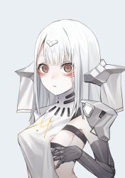 Rule 34 | 1girl, absurdres, areola slip, armor, armpit peek, asymmetrical clothes, breasts, brown eyes, closed eyes, closed mouth, commentary request, covered erect nipples, empty eyes, facial mark, girls&#039; frontline, grey background, headgear, headpiece, highres, jingo, korean commentary, looking at viewer, midriff, nyto (girls&#039; frontline), alina (girls&#039; frontline), prosthesis, prosthetic arm, shoulder armor, sideboob, simple background, solo, tabard, upper body