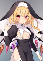 Rule 34 | 1girl, alternate costume, blonde hair, blush, breasts, closed mouth, commentary request, crystal, fang, flandre scarlet, gradient background, grey background, highres, looking at viewer, medium breasts, miy@, nun, red eyes, smile, solo, thighs, touhou, wings