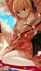 Rule 34 | 1girl, ahoge, alternate costume, artoria pendragon (all), artoria pendragon (fate), bare shoulders, blonde hair, cherry blossoms, collarbone, day, excalibur (fate/stay night), fate (series), floral print, green eyes, highres, japanese clothes, kimono, looking at viewer, md5 mismatch, obi, off shoulder, oil-paper umbrella, paperfinger, petals, ponytail, saber (fate), sash, sky, smile, solo, sword, thighhighs, type-moon, umbrella, weapon, white thighhighs