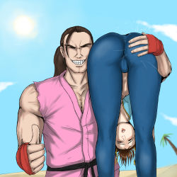 Rule 34 | 1boy, 1girl, ass, cameltoe, capcom, carrying, carrying over shoulder, chun-li, defeat, eyeliner, eyeshadow, hibiki dan, highres, legs, lips, lipstick, looking at viewer, makeup, open mouth, pants, ryona, shiny clothes, simple background, skin tight, sleeveless, smile, spanked, spanking, street fighter, street fighter zero (series), sweatpants, theearnestp, thighs, toned, track suit, unconscious