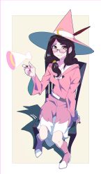 Rule 34 | 10s, 1girl, belt, black hair, black nails, boots, breasts, brown eyes, commentary, crescent moon symbol, glasses, hat, hat feather, hat ornament, highres, kamameshi gougoumaru, little witch academia, looking at viewer, magic, medium breasts, megaphone, nail polish, on chair, pink footwear, pink robe, robe, shadow, sitting, smile, solo, ursula callistis, witch, witch hat