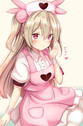 Rule 34 | 1girl, apron, arm support, armband, bandaged arm, bandages, blush, center frills, closed mouth, commentary request, frills, hair between eyes, hair ornament, hand up, hat, heart, highres, light brown hair, long hair, looking at viewer, natori sana, nurse, nurse cap, pink apron, pink hat, pleated skirt, pocket, puffy short sleeves, puffy sleeves, rabbit hair ornament, red eyes, sana channel, shirt, short sleeves, sitting, skirt, smile, solo, thighhighs, two side up, very long hair, virtual youtuber, white shirt, white skirt, white thighhighs, yuano