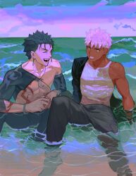 Rule 34 | 2boys, archer (fate), baragi, black hair, black pants, closed eyes, collarbone, crescent, cu chulainn (fate), dangle earrings, dark skin, earrings, fangs, fate (series), grey eyes, grin, happy, highres, jacket, jacket partially removed, jewelry, male focus, multiple boys, open mouth, pants, ribbed shirt, sharp teeth, shirt, short hair, sitting, smile, tank top, tattoo, teeth, toned, toned male, water, wet, wet clothes, white hair, white tank top