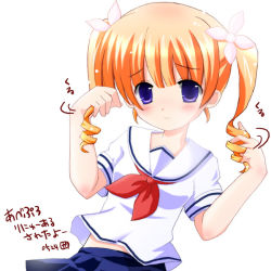 Rule 34 | 1girl, blue eyes, blush, closed mouth, dated, dot nose, drill hair, looking at viewer, orange hair, original, playing with own hair, sailor collar, school uniform, serafuku, short hair, simple background, solo, source request, translation request, twin drills, twintails, white background, yamasaki tomoya