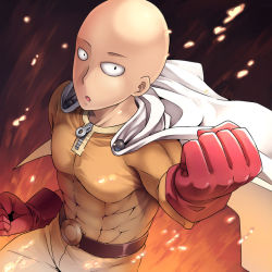 Rule 34 | 1boy, :o, abs, bald, belt, black eyes, cape, clenched hand, embers, fire, foreshortening, gloves, hoshiyoruno, male focus, one-punch man, saitama (one-punch man), skin tight, solo