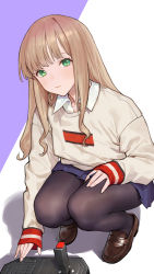 Rule 34 | 1girl, black pantyhose, blue skirt, brown footwear, brown hair, cancer (zjcconan), closed mouth, collared shirt, controller, from above, game controller, green eyes, gridman universe, hand on own thigh, highres, knees together feet apart, loafers, long hair, long sleeves, looking at viewer, minami yume, pantyhose, pleated skirt, purple background, shirt, shoes, sidelocks, skirt, solo, squatting, ssss.dynazenon, sweater, two-tone background, white background, white shirt, yellow sweater