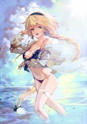 Rule 34 | 1girl, :d, bikini, black bikini, blonde hair, braid, breasts, cleavage, cloud, cloudy sky, commentary request, day, fate/grand order, fate (series), feet out of frame, hair ribbon, hairband, hand up, highres, horizon, jacket, jeanne d&#039;arc (fate), jeanne d&#039;arc (ruler) (fate), jeanne d&#039;arc (swimsuit archer) (fate), jeanne d&#039;arc (swimsuit archer) (first ascension) (fate), kazama raita, long hair, long sleeves, looking at viewer, medium breasts, navel, ocean, off shoulder, open mouth, outdoors, ribbon, single braid, sky, smile, solo, standing, swimsuit, thigh strap, very long hair, wading, water, water drop