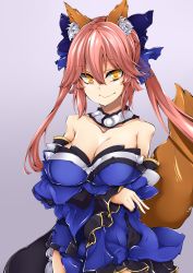 Rule 34 | 10s, 1girl, absurdres, animal ears, bare shoulders, baron suzuki, bell, neck bell, blue dress, breasts, cleavage, closed mouth, collar, commentary request, crossed arms, detached sleeves, dress, fate/extella, fate/extra, fate/grand order, fate (series), fox ears, fox tail, grey background, hair between eyes, highres, large breasts, long hair, looking at viewer, pink hair, simple background, smile, solo, tail, tamamo no mae (fate/extra), yellow eyes
