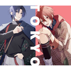 Rule 34 | 2boys, aiue o eiua, alternate costume, bag, bare legs, black shirt, black socks, blue background, blue eyes, blue hair, blue jacket, border, brown coat, coat, commentary request, english text, floral print, fly away (idolish7), grey pants, hand in pocket, highres, hugging own legs, idolish7, izumi iori, jacket, knee up, kneehighs, looking at viewer, male focus, multiple boys, multiple bracelets, nanase riku, open mouth, pants, parted lips, place name, plaid, plaid coat, red background, red eyes, red hair, shirt, short hair, smile, socks, suspenders, two-sided fabric, two-sided jacket, upper body, white footwear
