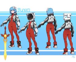 Rule 34 | 1girl, ass, blue background, blue hair, bodysuit, boots, bow, closed mouth, commentary, covered navel, difman, groin, hair bow, helmet, highres, multiple views, original, purple eyes, red bodysuit, red footwear, short hair, smile, space helmet, standing, sword, two-tone background, weapon, white background, white bow