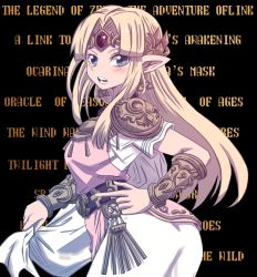 1girl, angry, armor, arms, artist request, ass, bangs, belt, belted dress, black background, blonde hair, blue eyes, blush, bracelet, breasts, cape, circlet, curvy, diadem, dress, earrings, english text, female focus, forehead jewel, from side, gem, gold armor, hand on hip, hands, highres, holding, holding cape, holding clothes, jewelry, long hair, long image, looking at viewer, lots of jewelry, medium breasts, neck, necklace, nervous, nintendo, open mouth, pauldrons, pointing, pointy ears, pose, princess zelda, print dress, ruby (gemstone), short-sleeved dress, short sleeves, shoulder armor, sidelocks, solo, standing, the legend of zelda, the legend of zelda: a link between worlds, the legend of zelda: a link to the past, thighs, tiara, tight dress, triangle earrings, triforce, triforce earrings, tunic, vambraces, white cape, white dress, white tunic