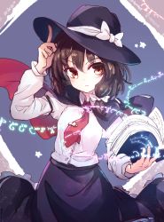 Rule 34 | 1girl, black hat, black skirt, book, bow, brown eyes, brown hair, cape, closed mouth, cowboy shot, fedora, hair between eyes, hair bow, hat, hat bow, holding, holding book, index finger raised, isu (is88), long sleeves, looking at viewer, medium hair, necktie, open book, red necktie, runes, shirt, side ponytail, skirt, solo, standing, star (symbol), star pin, touhou, usami renko, white bow, white shirt