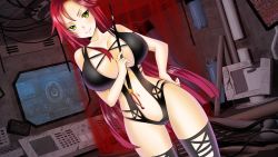 Rule 34 | 1girl, blush, breasts, cleavage, cleavage cutout, clothing cutout, computer, green eyes, hand on own hip, huge breasts, legs, long hair, looking at viewer, michelle (time tenshi), navel, original, red hair, smile, solo, standing, thighhighs, thighs, time tenshi, wand