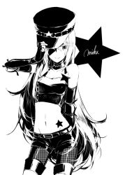 Rule 34 | 1girl, cowboy shot, elbow gloves, fingerless gloves, gloves, greyscale, hand on headwear, hat, hatsune miku, high contrast, long hair, midriff, monochrome, navel, project diva, project diva (series), rella, star (symbol), tattoo, very long hair, vocaloid