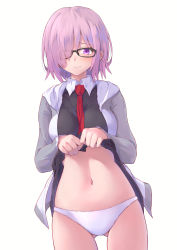 Rule 34 | 1girl, absurdres, b7669726, between breasts, black-framed eyewear, black dress, breasts, closed mouth, clothes lift, cowboy shot, dress, dress lift, fate (series), frown, glasses, gluteal fold, grey jacket, hair over one eye, highres, jacket, lifting own clothes, long sleeves, looking at viewer, mash kyrielight, medium breasts, navel, necktie, necktie between breasts, open clothes, open jacket, panties, purple eyes, purple hair, red necktie, short hair, simple background, solo, stomach, track jacket, underwear, wavy mouth, white background, white panties