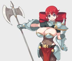 Rule 34 | 1girl, armor, axe, battle axe, belt, boobplate, breastplate, breasts, bright pupils, cleavage, closed mouth, cowboy shot, drill hair, fishnet pantyhose, fishnets, gauntlets, grey background, holding, holding weapon, huge breasts, leotard, long hair, looking at viewer, medium hair, original, pantyhose, pauldrons, pelvic curtain, purple eyes, red hair, short sleeves, shoulder armor, simple background, smile, solo, standing, twin drills, unmoving pattern, vins-mousseux, weapon