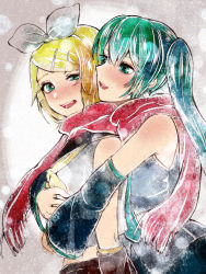 Rule 34 | 2girls, blonde hair, blue eyes, blue hair, bow, detached sleeves, hair bow, hatsune miku, hug, hug from behind, kagamine rin, meriko, multiple girls, open mouth, red scarf, scarf, short hair, twintails, vocaloid, white bow, winter, yuri