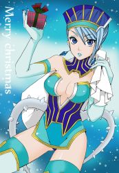 Rule 34 | 10s, 1girl, aqua thighhighs, bad id, bad pixiv id, bag, bare shoulders, blue eyes, blue hair, blue lips, blue rose (tiger &amp; bunny), bodysuit, breasts, center opening, christmas, cleavage, cowboy shot, detached collar, earrings, elbow gloves, english text, eyeshadow, fingernails, gift, gloves, groin, hand up, hat, highleg, highleg leotard, highres, holding, holding gift, jewelry, karina lyle, leotard, lipstick, long fingernails, looking at viewer, makeup, matching hair/eyes, medium breasts, merry christmas, miniru, nail polish, no bra, over shoulder, parted lips, pelvic curtain, pinky out, plaid, plant, sack, see-through, short hair, snowflakes, solo, superhero costume, text focus, thighhighs, thorns, tiger &amp; bunny, turtleneck, vines, visor, winter