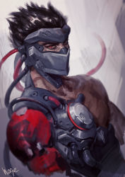 Rule 34 | 1boy, alternate costume, alternate eye color, armor, arms at sides, artist name, bare shoulders, black hair, blackwatch genji, cable, commentary, covered mouth, cyborg, eyeliner, genji (overwatch), hage2013, looking at viewer, makeup, male focus, mask, mechanical arms, mechanical parts, mouth mask, official alternate costume, overwatch, overwatch 1, red eyes, sae (revirth), serious, short hair, single mechanical arm, topless male, tsurime, upper body
