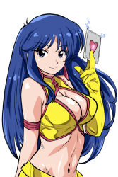 Rule 34 | 1girl, arm behind back, blue eyes, blue hair, breasts, card, cleavage, dirty pair, gloves, holding, holding card, looking at viewer, navel, ohtado, simple background, single glove, smile, solo, white background, yellow gloves, yuri (dirty pair)