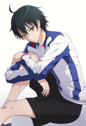 Rule 34 | 1boy, absurdres, ahoge, bad id, bad twitter id, black hair, black shorts, brown eyes, closed mouth, commentary request, echizen ryooma, feet out of frame, hair between eyes, highres, hugging own legs, jacket, knee up, long sleeves, looking at viewer, male focus, neki (wakiko), shoes, short shorts, shorts, sitting, smile, socks, solo, tennis no ouji-sama, white background, white footwear, white jacket, white socks